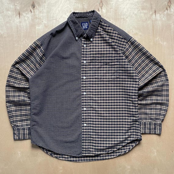 Vintage 90s GAP Patchwork Plaid Button Up Shirt /… - image 1