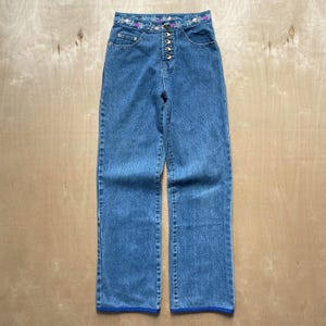 Vintage Y2K Request Jeans Floral Embroidered Waist Denim / Size 26 / High Rise Straight Leg Blue Jeans / 100% Cotton