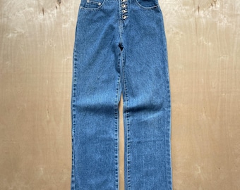 Vintage Y2K Request-jeans met bloemen geborduurde taille denim / maat 26 / spijkerbroek met hoge taille en rechte pijpen / 100% katoen
