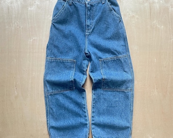 Vintage 90s Boys Will Be Boys Denim Cargo Jeans / Size 6 / Elastic Waist 22" - 24" / High Rise Carpenter Fit / Y2K Style