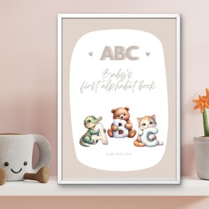 Baby Shower - Libro para colorear ABC | Juego de actividades del alfabeto | Tarjetas de animales | Beige | Carta de EE. UU. A4 5x7in PDF imprimible | Alternativa al libro de visitas