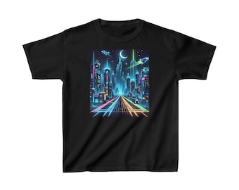 Kids Neon Graphic Cityscape Shirt | 100% US Cotton, Eco-Friendly, Soft & Durable | Colorful Daily Wear for Children | No-Side-Seam Comfort