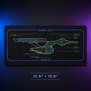 May include: A rectangular black desk mat featuring a technical schematic of the USS Enterprise NCC-1701 Constitution Class starship. The design includes blue border lines, detailed labels, and measures 31.5 inches by 15.5 inches as printed.