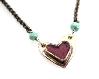 Heart Necklace, Brass Enamel Heart Shaped Necklace with Sterling Silver Chain and Turquoise Beads