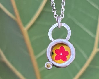 Sterling Silver Vintage Tin Flower Necklace with Yellow Sapphire