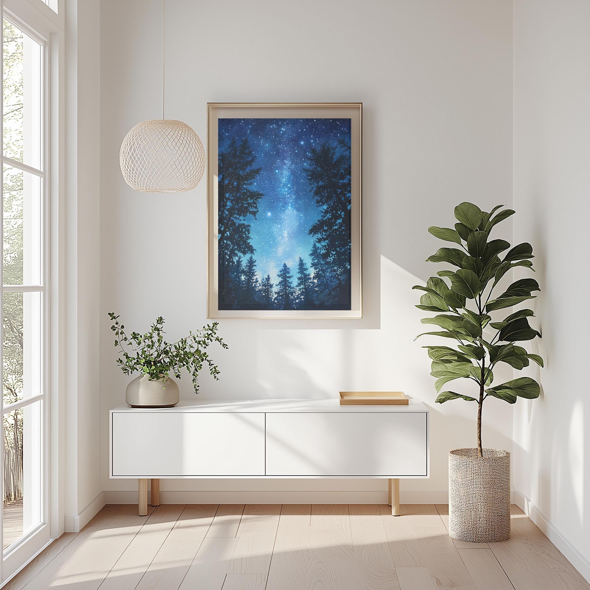 Starry Night Forest Wall Art Print, Galaxy Sky Digital Download, Cosmic ...