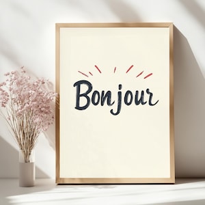 Bonjour Typography Digital Print, French Wall Art Instant Download, Minimalist Hello Poster for Entryway or Kitchen Decor