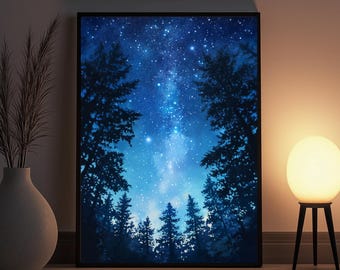 Impresión de arte mural de bosque estrellado, descarga digital de cielo galáctico, paisaje de cielo nocturno cósmico, decoración astronómica imprimible para el hogar
