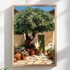 May include: A framed painting depicting a large olive tree with green leaves and small fruits, situated in a courtyard with a green wooden door, a stone-paved ground, and several terracotta pots filled with colorful flowers and green plants.