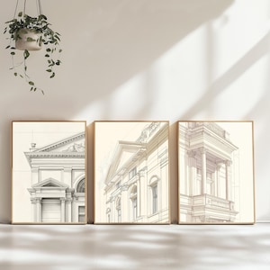 Elegant Classical Architecture Sketch Set of 3 | Vintage Building Line Drawings | Architectural Wall Art Prints for Home & Office Decor