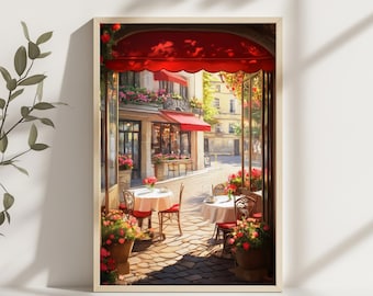 Romantische Paris Cafe Street Wall Art Print, Französisches Bistro mit Blumen und roten Markisen, Europäische Stadtansicht Digital Download Home Decor