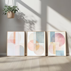 Pastel Geometric Abstract Wall Art Set of 3 | Minimalist Modern Shapes Digital Print | Soft Pink Blue Beige Home Decor