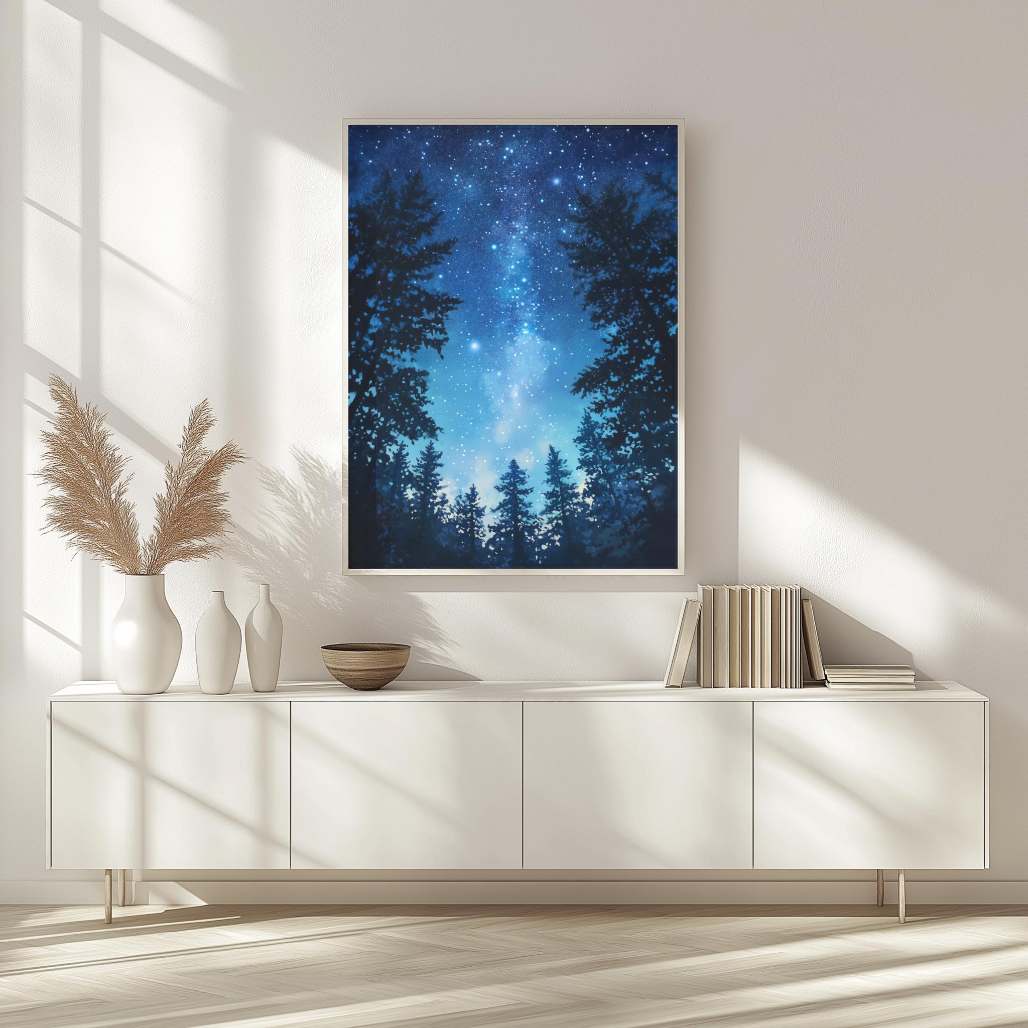 Starry Night Forest Wall Art Print, Galaxy Sky Digital Download, Cosmic ...