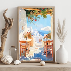 Santorini Greece Wall Art, Mediterranean Terrace Printable Painting, Sunlit Greek Island Travel Poster for Home Decor