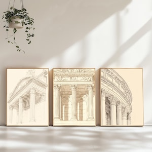 May include: Three framed architectural sketches in gold frames. The sketches depict classical buildings with columns and detailed facades. The artwork is in a neutral colour palette, with a beige background and brown line drawings. A hanging plant is visible.