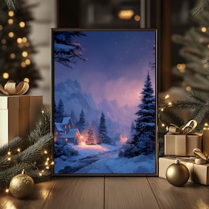 Christmas Winter Snowy Cottage Digital Wall Art | Cozy Holiday Home Decor | Printable Xmas Landscape Painting