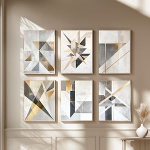 Geometrische gouden abstracte muurkunst set van 6, neutrale minimalistische printables, modern lijnkunst decor, beige grijze vormen, digitale download kunstset