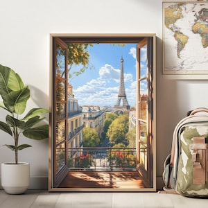 Peut inclure: Une impression encadrée d'une scène de rue parisienne vue à travers une fenêtre ouverte. La Tour Eiffel est visible au loin, avec des bâtiments et des arbres bordant la rue. Le cadre est de couleur bois clair.