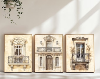 European Balcony Architecture Wall Art Set of 3 | Vintage Window Sketch Printable | Elegant Classical Building Line Art Digital Download