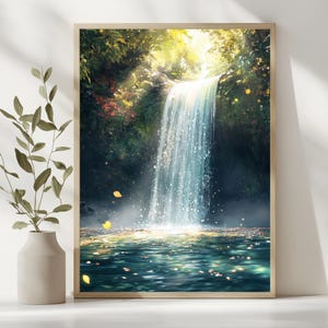May include: A framed art print of a waterfall scene. The artwork shows a cascading waterfall with shimmering water, surrounded by verdant foliage and sunlight. Yellow leaves float on the water's surface, adding an autumnal touch.