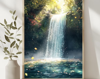 May include: A framed art print depicts a serene waterfall scene. The artwork showcases a cascading waterfall with sparkling water, surrounded by lush greenery and sunlight. Yellow leaves float on the water's surface, adding a touch of autumn.
