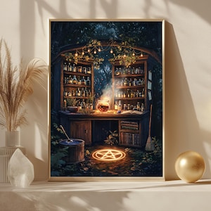 May include: A framed print of a mystical scene. A wooden structure with shelves filled with bottles and jars is illuminated by string lights. A glowing cauldron sits on a desk, with a pentagram on the ground. The scene is set in a forest.