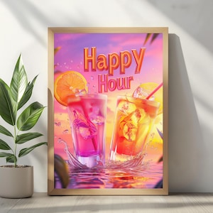 Happy Hour Cocktail Wall Art, Summer Party Digital Poster, Vibrant Sunset Drink Illustration, Tropical Bar Decor for Instant Download