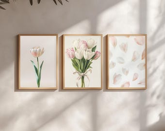 Juego de 3 impresiones de tulipanes para pared, estampados florales en acuarela, tulipanes en rosa suave, decoración botánica, descarga digital imprimible.