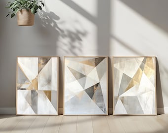 Elegante conjunto de 3 láminas geométricas abstractas en tonos neutros / Láminas geométricas minimalistas en dorado y beige para la decoración moderna de salas de estar y oficinas.
