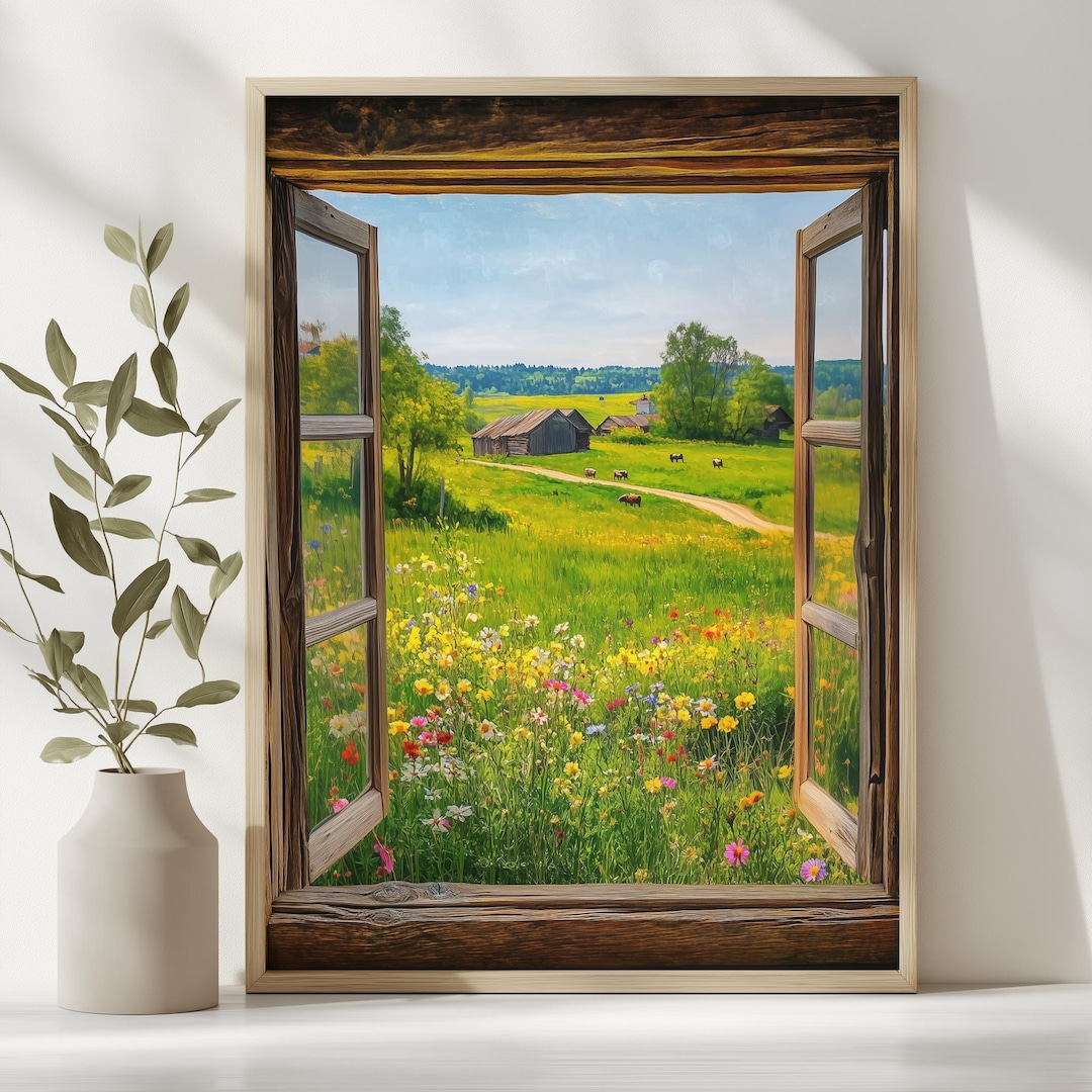 Rustic Window View of Countryside Wildflower Meadow | Farm Landscape ...