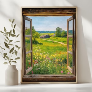 Puede incluir: Una obra de arte enmarcada que representa una ventana abierta con vistas a un prado vibrante. El marco de la ventana es de madera oscura. El prado está lleno de flores silvestres de colores, un camino de tierra y algunos edificios.