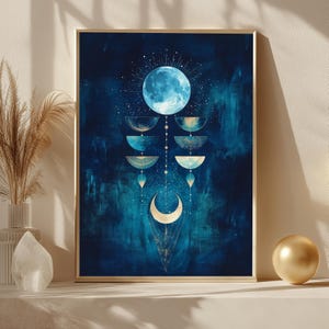 Art mural bohème phase de lune, impression abstraite céleste mystique en bleu et or, téléchargement numérique décoration lunaire spirituelle