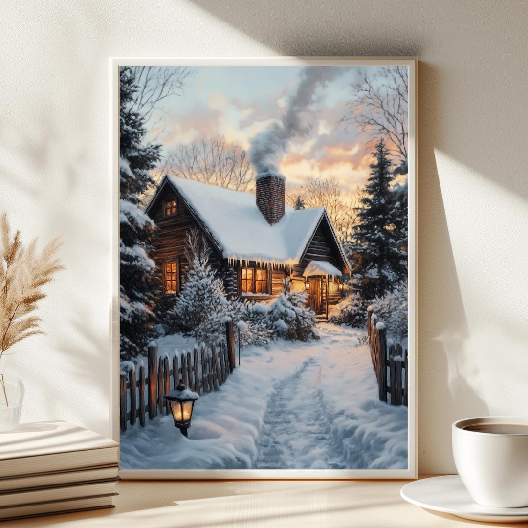 Winter Cabin in the Snow Wall Art | Cozy Cottage Landscape Printable ...