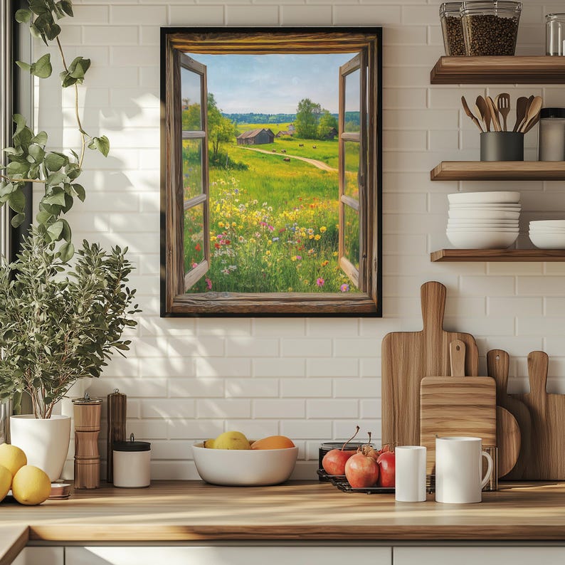 Rustic Window View of Countryside Wildflower Meadow | Farm Landscape ...