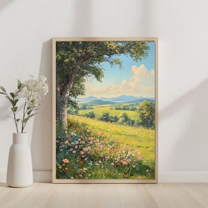 Sunny Wildflower Meadow Landscape Painting | Countryside Field Wall Art Digital Download | Summer Nature Printable Home Decor