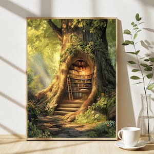 May include: A framed print showing a tree library. The image features a large tree with a hollow trunk housing bookshelves. A ladder and steps provide access to the library, set within a verdant, sunlit forest scene.