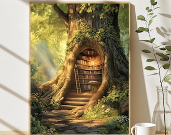 May include: A framed print of a whimsical tree library. The artwork depicts a large tree with a hollowed-out trunk filled with bookshelves. A ladder and steps lead to the library, surrounded by lush greenery and sunlight.