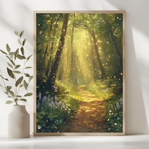 Puede incluir: Una impresión artística enmarcada representa una escena de bosque iluminada por el sol. La luz del sol atraviesa los árboles sobre un camino, con un letrero que dice "Foliage the Night". La obra presenta un camino, flores y un entorno natural sereno.