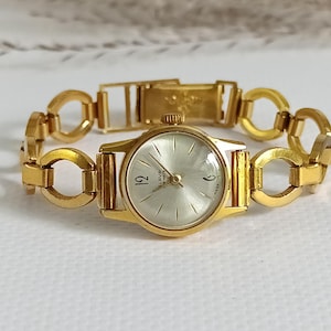 Goud mechanisch dameshorloge Slava, vintage gouden dameshorloge, AU 12,5, goud mechanisch dameshorloge, cocktailhorloge, opwindhorloge