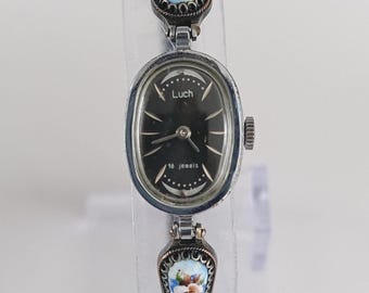 Vintage Mechnical Ladies Enamel Cocktail Watch: Luch, Finift Art, Silver Band, Floral print, Antique