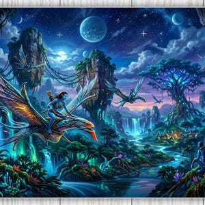 May include: A vibrant fantasy landscape painting featuring a blue-skinned humanoid riding a winged creature. The scene includes floating islands, waterfalls, and a glowing tree under a starry night sky. The artwork is rich in detail and color.