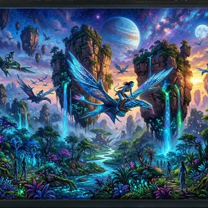 May include: A framed fantasy art print depicting a vibrant alien landscape. The artwork features floating islands, waterfalls, and creatures with blue wings. The color palette includes blues, purples, and greens, creating a surreal and immersive scene.