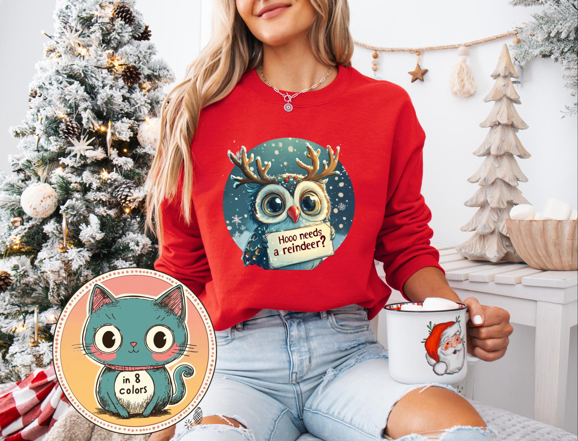 Hooo Needs a Reindeer? Owl Sweatshirt, Cozy Holiday Apparel, Perfect for Christmas Cheer, Cute Gift 