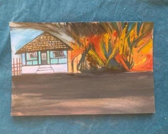 Desert House On Fire - Watercolor on Chipboard - Folk Art - Outsider Art - Naive Art - Art Brut - Landscapes