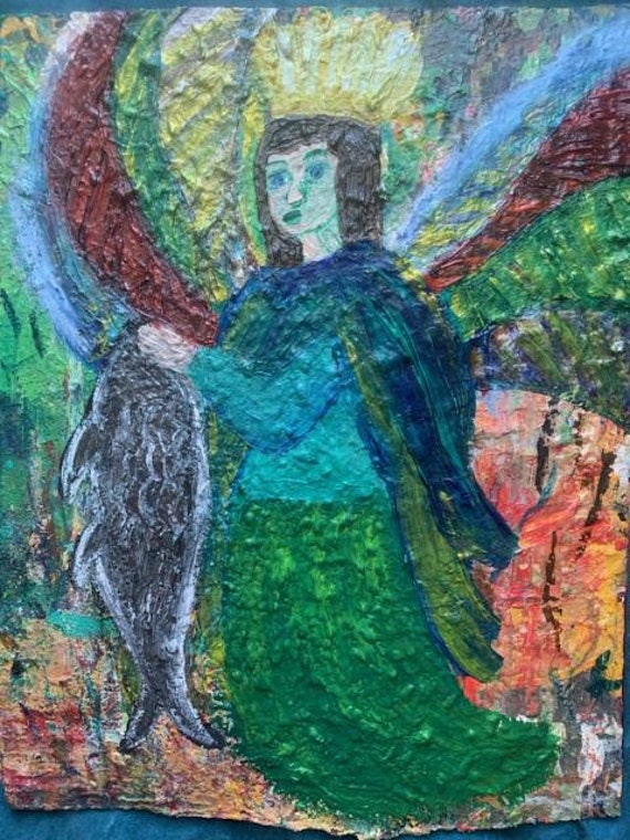 Archangel Raphael Original Acrylic Painting on Chipboard Outsider