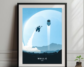 Puede incluir: Un póster minimalista con una silueta azul y blanca de WALL-E y EVE de la película animada WALL-E. El póster tiene un fondo azul con una nube blanca y un texto blanco superpuesto que dice "WALL-E 2008".