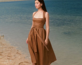 Monica Dress in Copper Brown- Linen Midi Dress, Summer Linen Dress, Long linen dress, Vintage inspired linen dress, Linen Cottage Core Dress