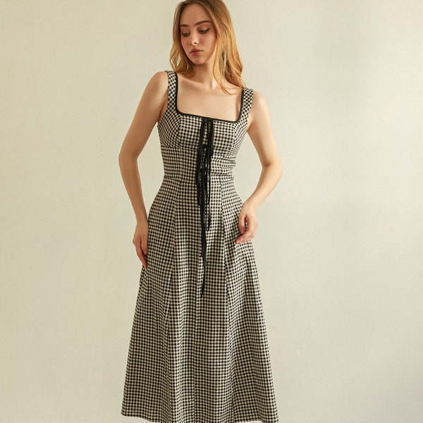 Vestido de lino Anna Midi en Gingham - Vestido largo de lino para mujer, vestido de lino midi, ropa de lino para mujer, vestido de verano Cottage Core