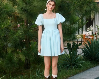 Tuscany Mini Linen Dress - Mini Summer Linen Dress, Cowboy Dress, Halter neckline Line Dress,