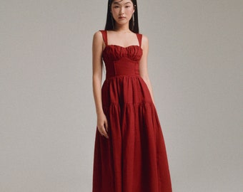 Harvey Midi Dress in Red - Midi linen dress for women, Linen Tube Dress, Linen clothing for women, Cottage Core Dress, Summer linen dress